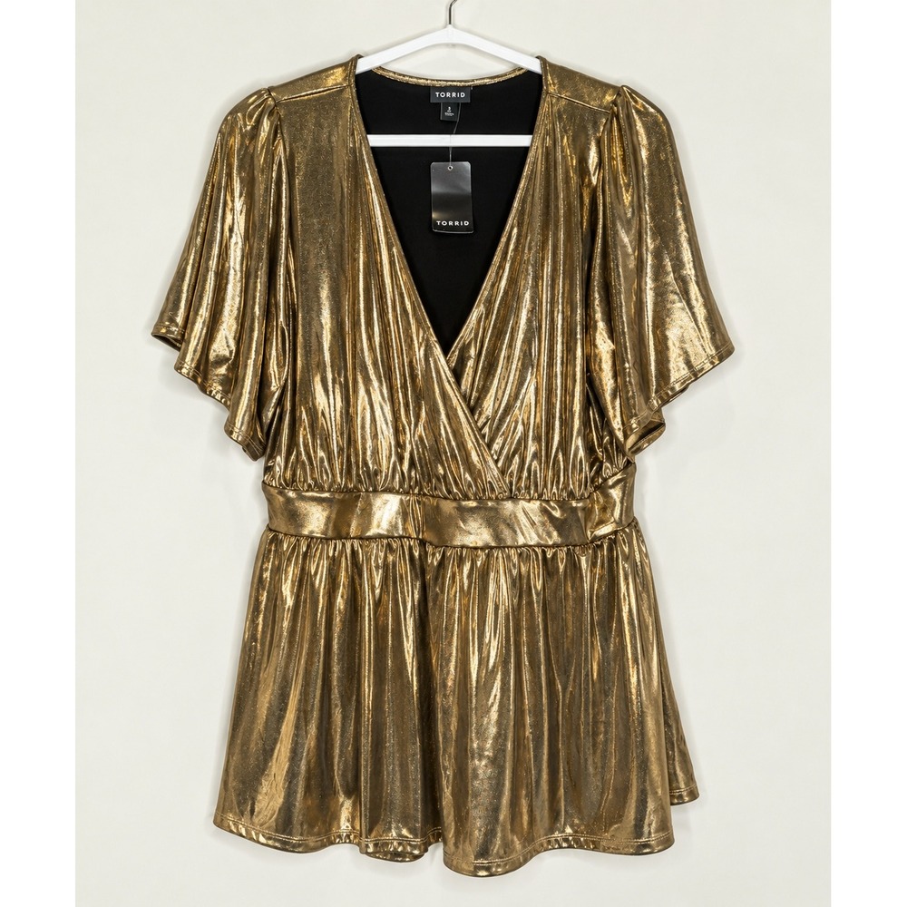 Torrid Gold Metallic Liquid Shine Peplum Top Short Flutter Sleeve Wrap V-Neck 2